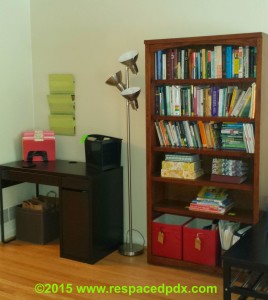 A neatly organized office corner by ReSPACEd Portland Professional Home & Business Organizer Services